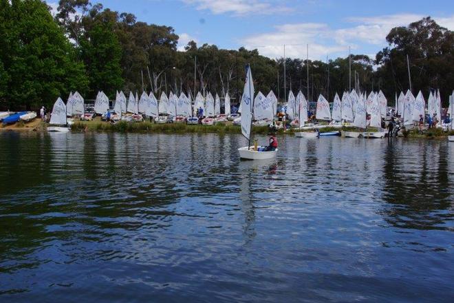 103 Boats launch onto a glassy LBG - 30 minutes later racing started in 10knots! - Capital Insurance ACT Optimist Championships Day 1 © Matt Owen